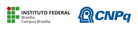 logos horizontais do IFB e CNPq, dispostas, nesta ordem, uma ao lado da outra, numa distância de aproximadamente 15 pixels, posicionadas no canto inferior esquerdo à logo do grupo.
